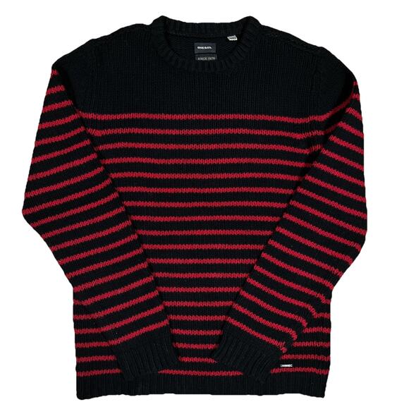 Diesel Knit Striped Black Red Wool Blend Sweater Sz Medium Grunge Designer - Picture 1 of 8
